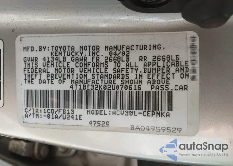 2002 Toyota Camry Le from USA, damaged, VIN 4T1BE32K02U070616